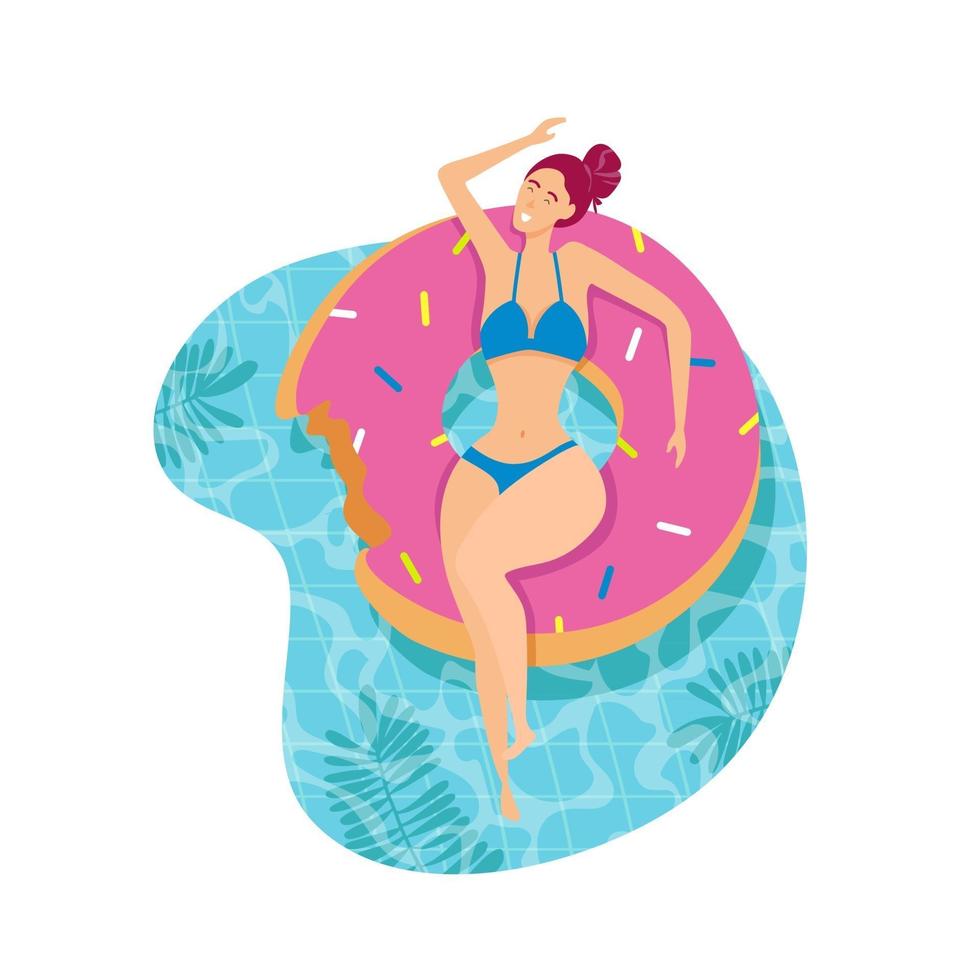 hermosa chica en flotador de piscina inflable vector