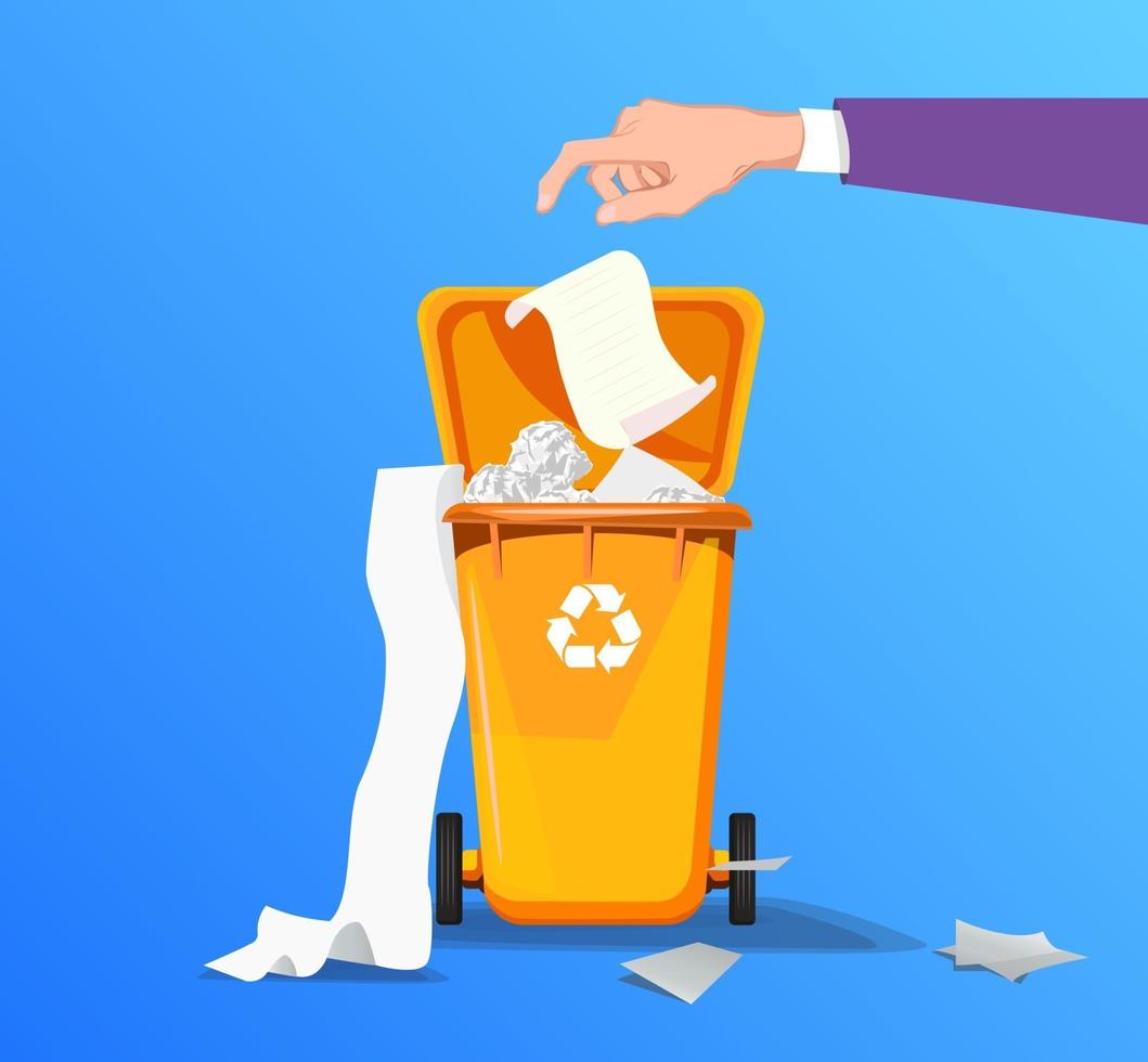 El hombre tira basura de papel en botes de basura icono de reciclaje ilustración de vector de diseño plano