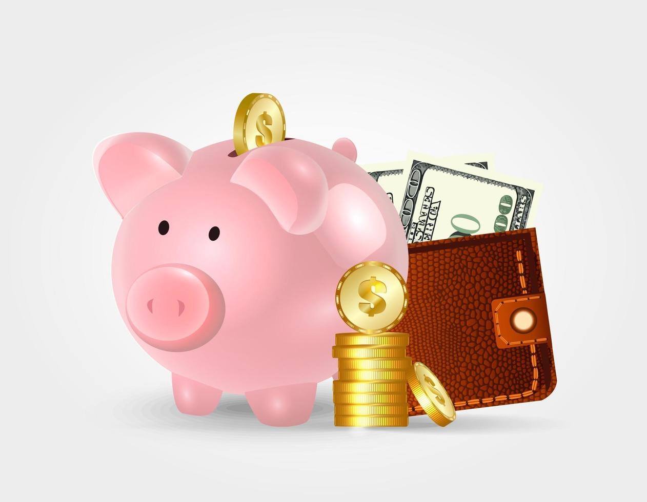 Moneybox in the form of a pig with a coin falling into it Concept of saving money vector