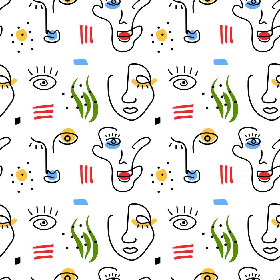 Seamless pattern with abstract faces Line art Contemporary art vector
