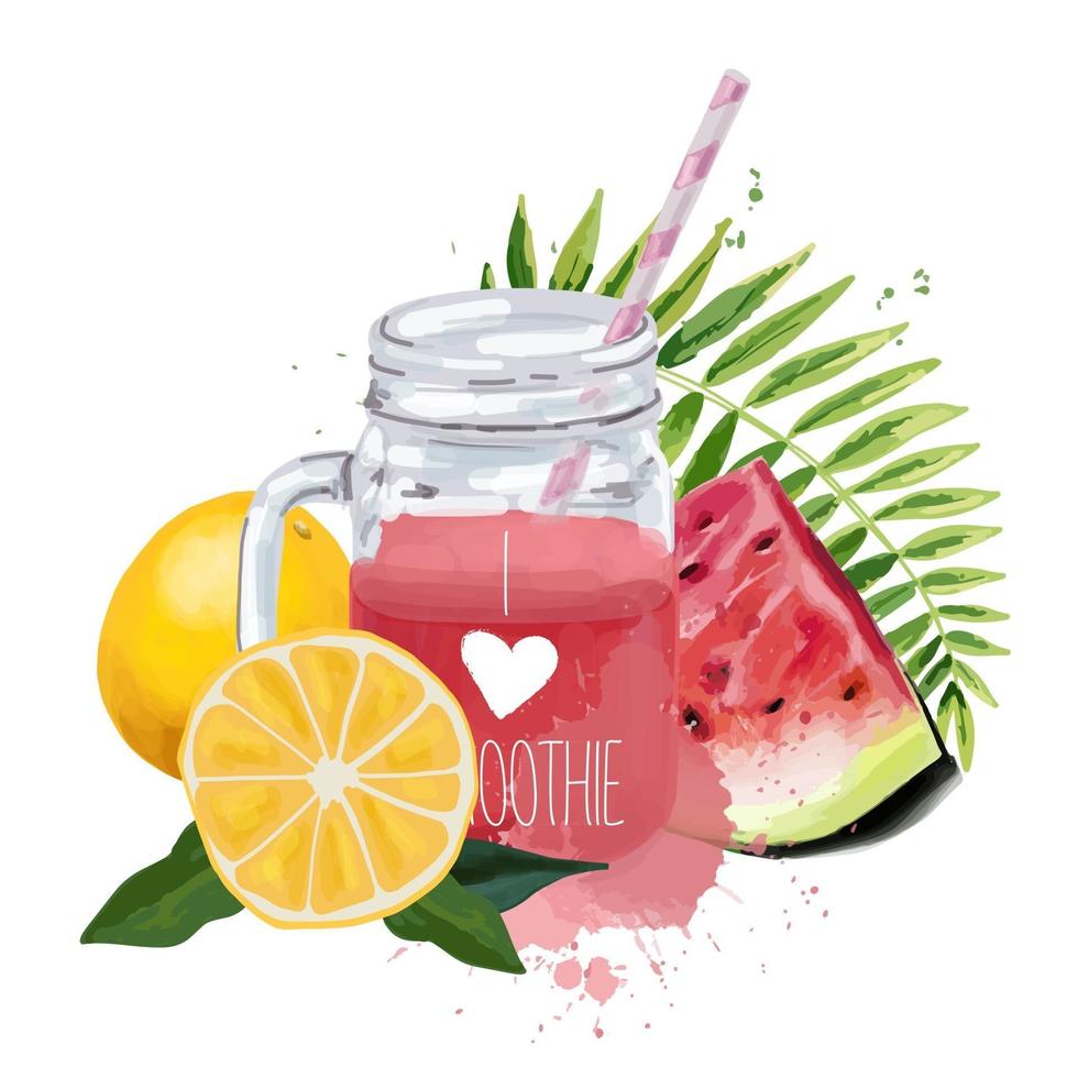 I love smoothie Smoothie jar with tropical leaf watermelon and oranges vector