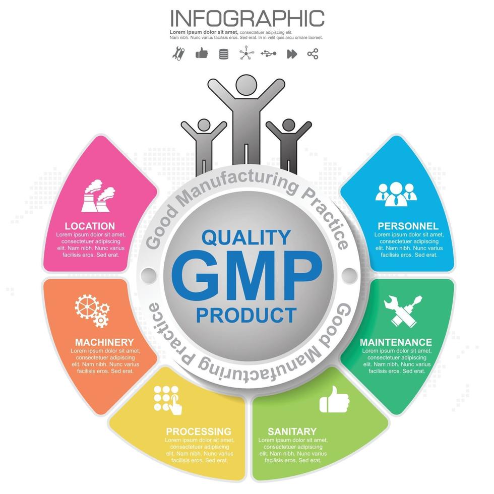 GMP Good Manufacturing Practice 6 heading of infographic template with sample text vector