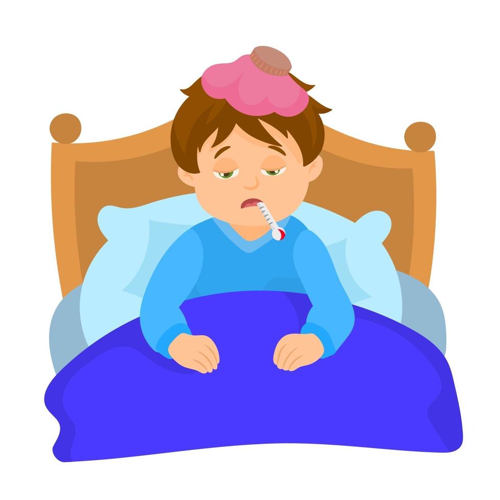 Child rests in his bed with symptoms of illness vector