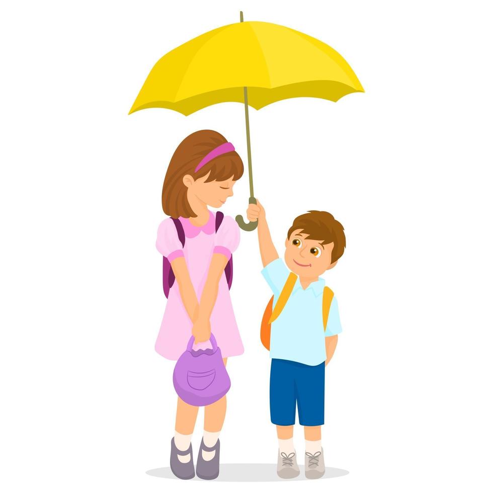 Cute little kids standing together under yellow umbrella vector