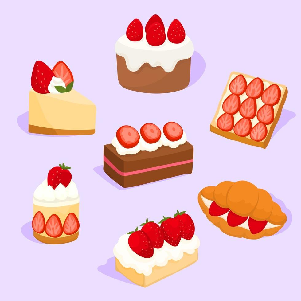 Set of various strawberry pies vector