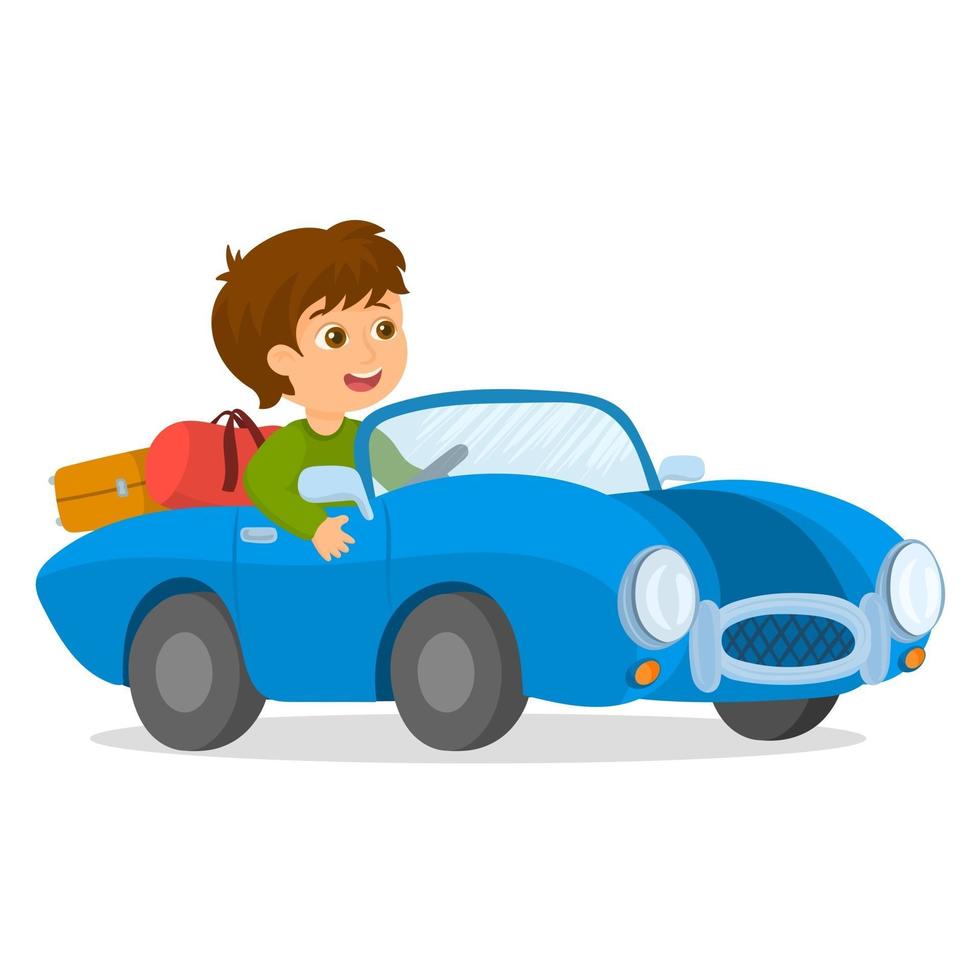 Boy driving his vehicle towards a vacation vector