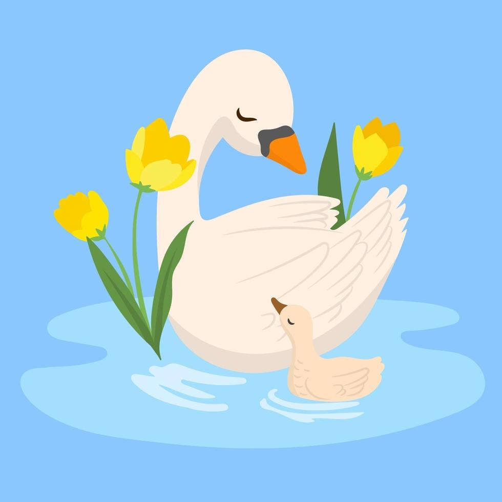 Mother duck and her duckling on a pond vector