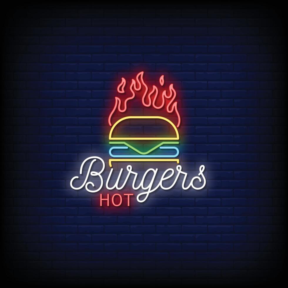 vector de texto de estilo de letreros de neón de hamburguesa caliente