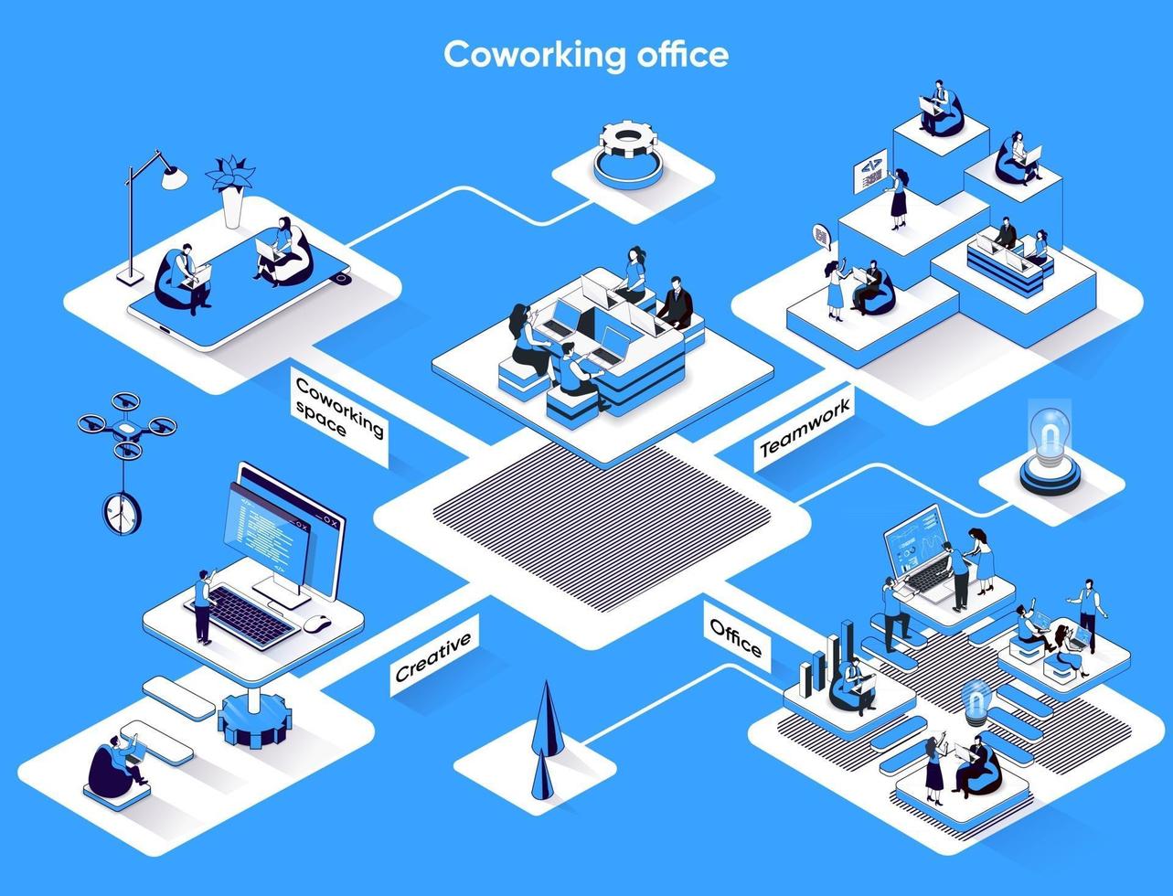 Coworking office 3d isometric web banner vector