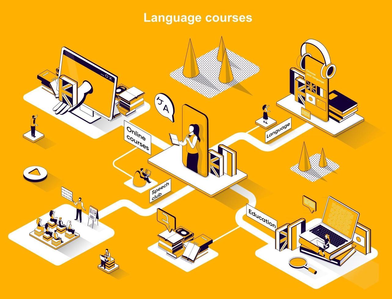 Language courses 3d isometric web banner vector