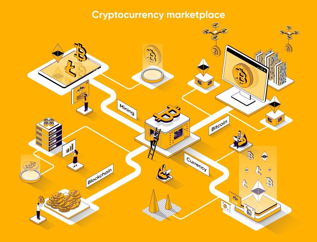 Cryptocurrency marketplace 3d isometric web banner vector