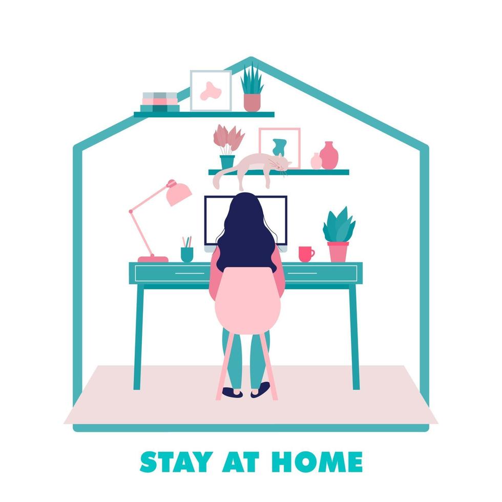 Young Woman Working at Her Home Office Flat Illustration vector