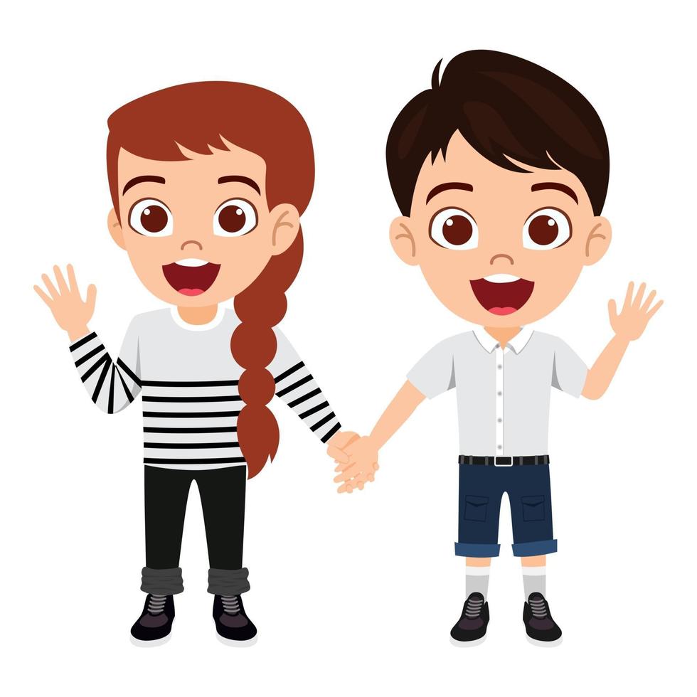 Happy cute kid boy and girl character wearing beautiful outfits standing together holding hands vector