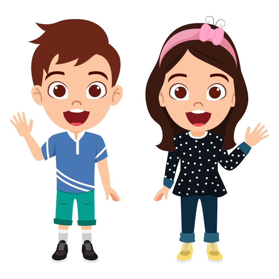 Happy cute kid boy and girl character wearing beautiful outfits standing together and waving vector