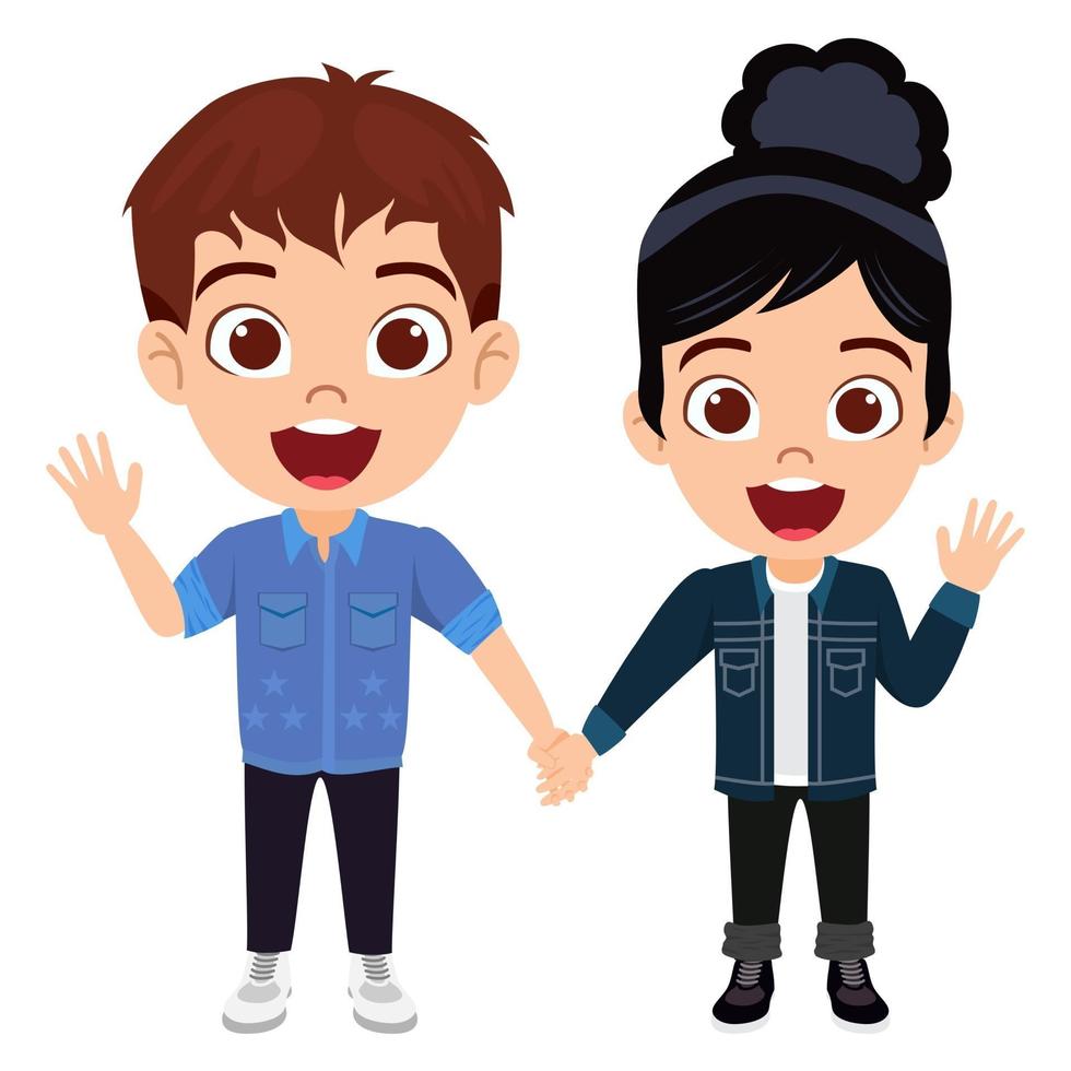 Happy cute kid boy and girl character wearing beautiful outfits standing together holding hands and waving vector