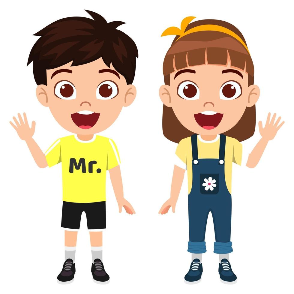 Happy cute kid boy and girl character wearing beautiful outfits standing together waving isolated vector