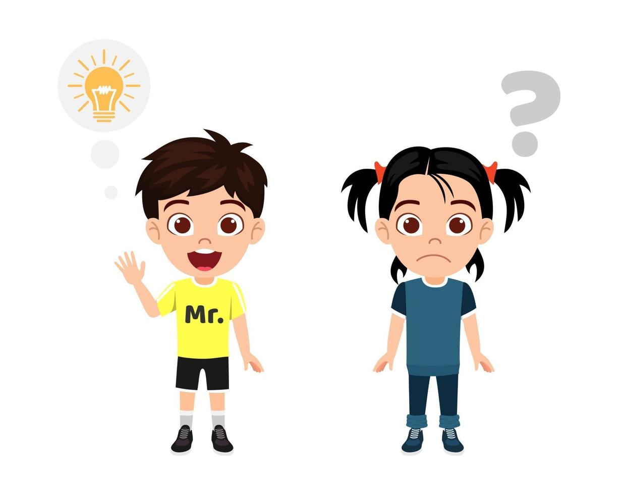 Happy cute kid boy and girl character wearing beautiful outfits standing together thinking and pointing to idea symbol vector