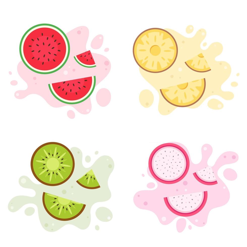 Exotic and tropical fruits watermelon pineapple kiwi pitaya vector