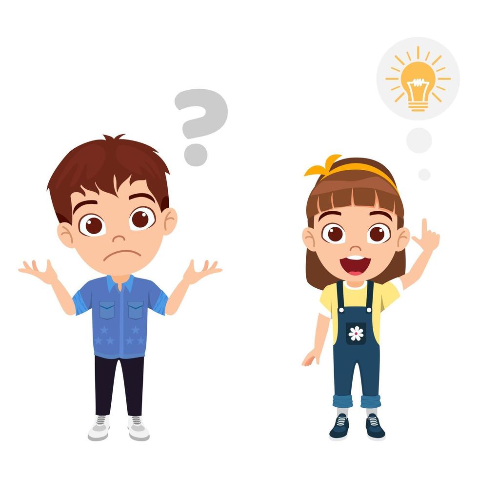 Happy cute kid boy and girl character wearing beautiful outfits standing together thinking and pointing to idea symbol question mark isolated vector