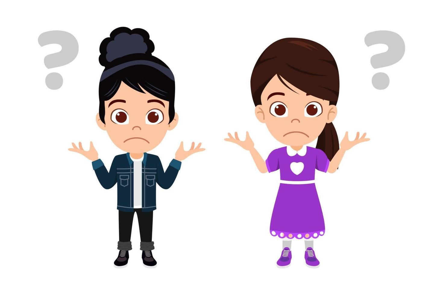 Happy cute kid girls character wearing beautiful outfits standing together thinking with question mark vector