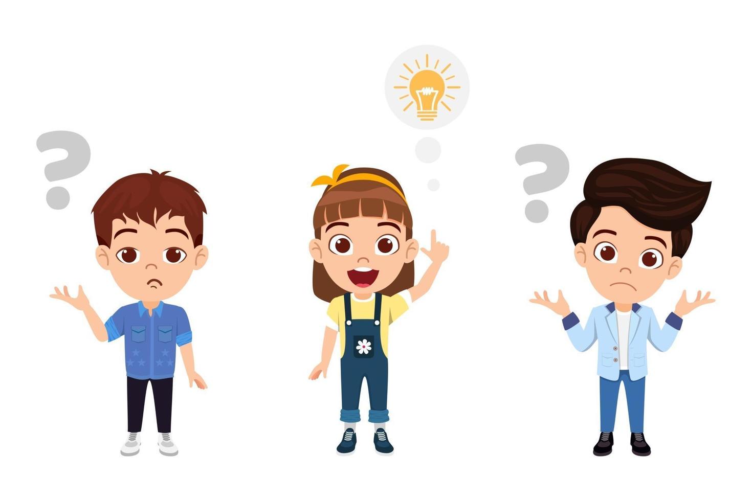 Happy cute kid boy and girl character wearing beautiful outfits standing together thinking and pointing to idea symbol question mark vector