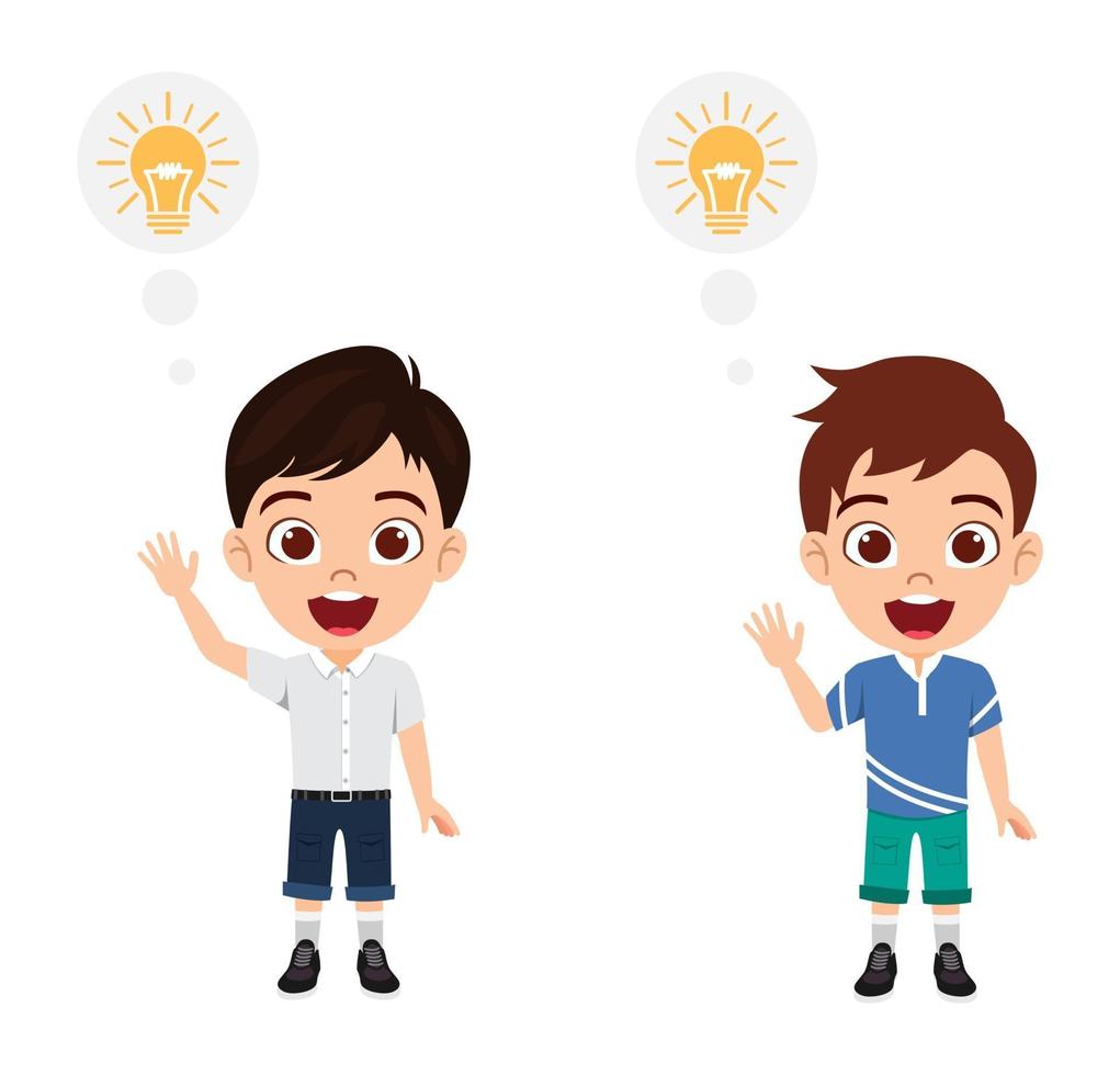 Happy cute kid boys character wearing beautiful outfits standing together pointing to idea symbol and waving vector