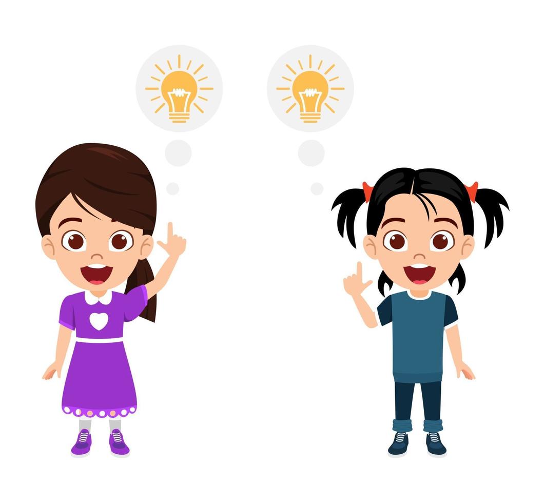 Happy cute kid girls character wearing beautiful outfits standing together pointing to idea symbol and waving vector