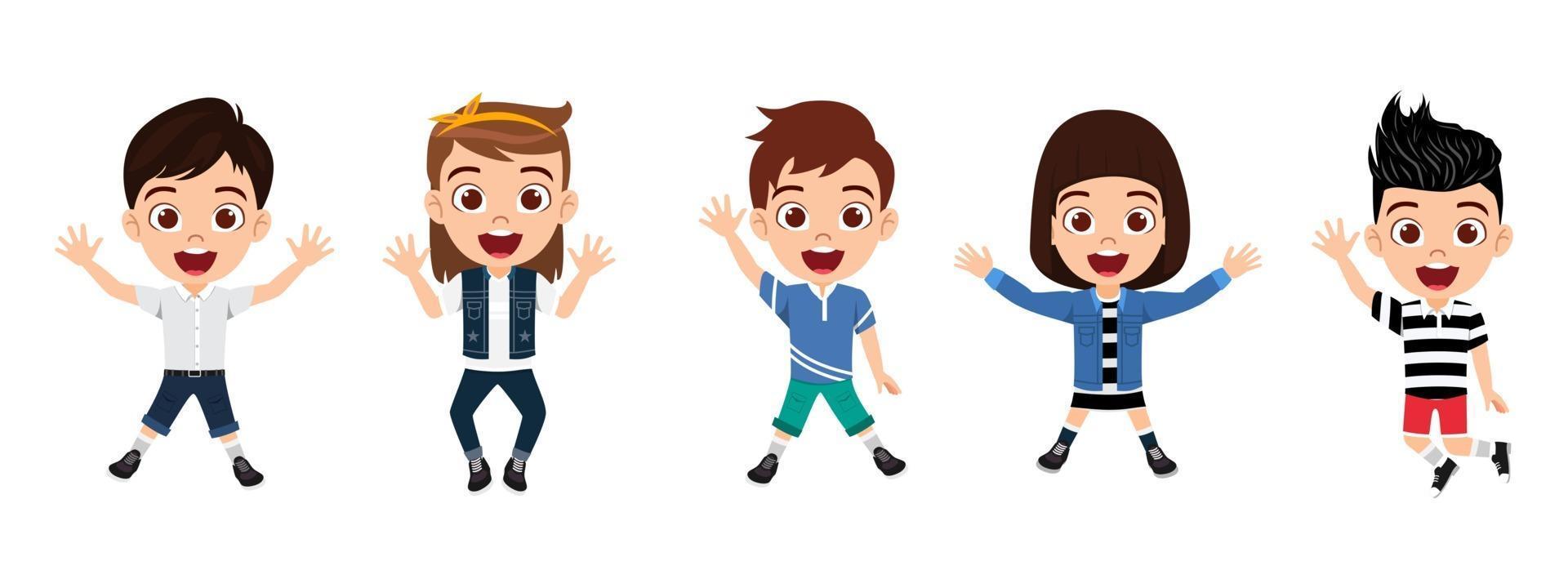 Happy cute kid boys and girls character wearing beautiful outfit jumping on white background celebrating waving vector