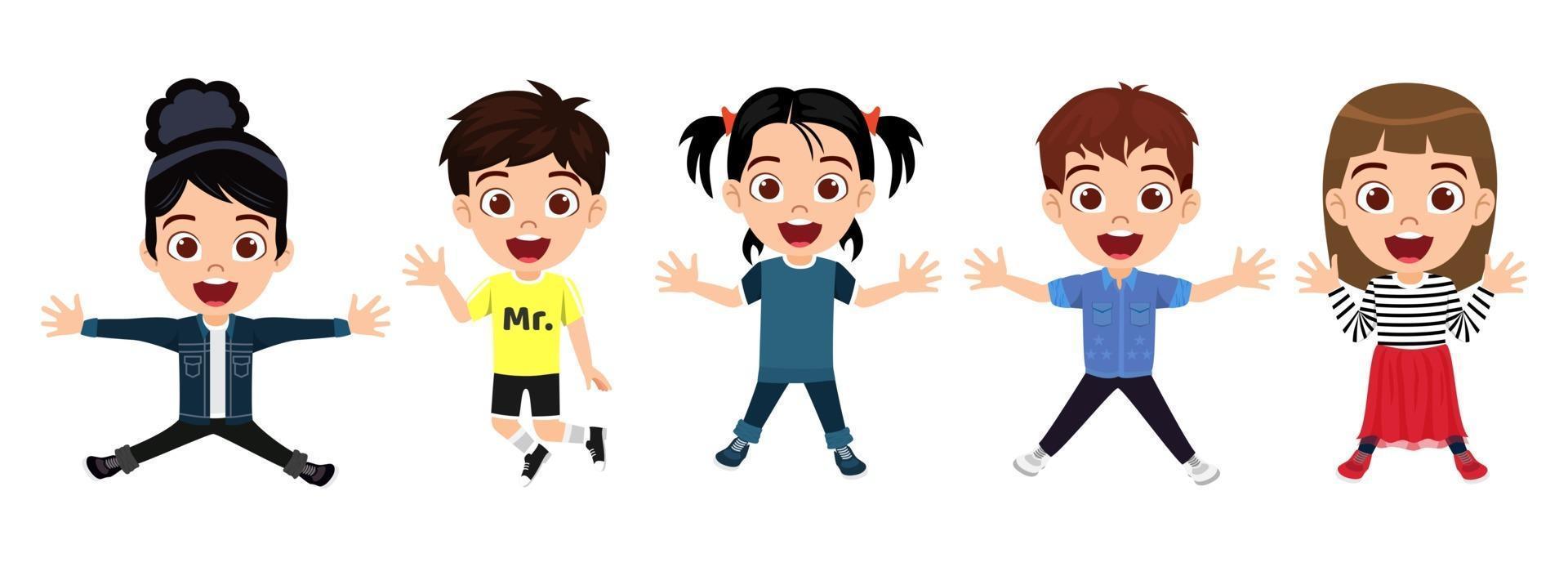 Happy cute kid boys and girls character wearing beautiful outfit jumping on white background celebrating waving posing vector