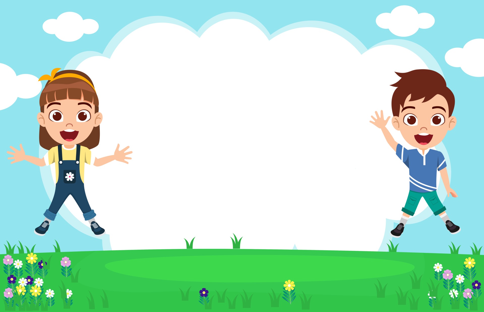 Happy cute kid boy and girl character wearing beautiful outfit jumping on garden  background celebrating with sky flowers 2424768 Vector Art at Vecteezy