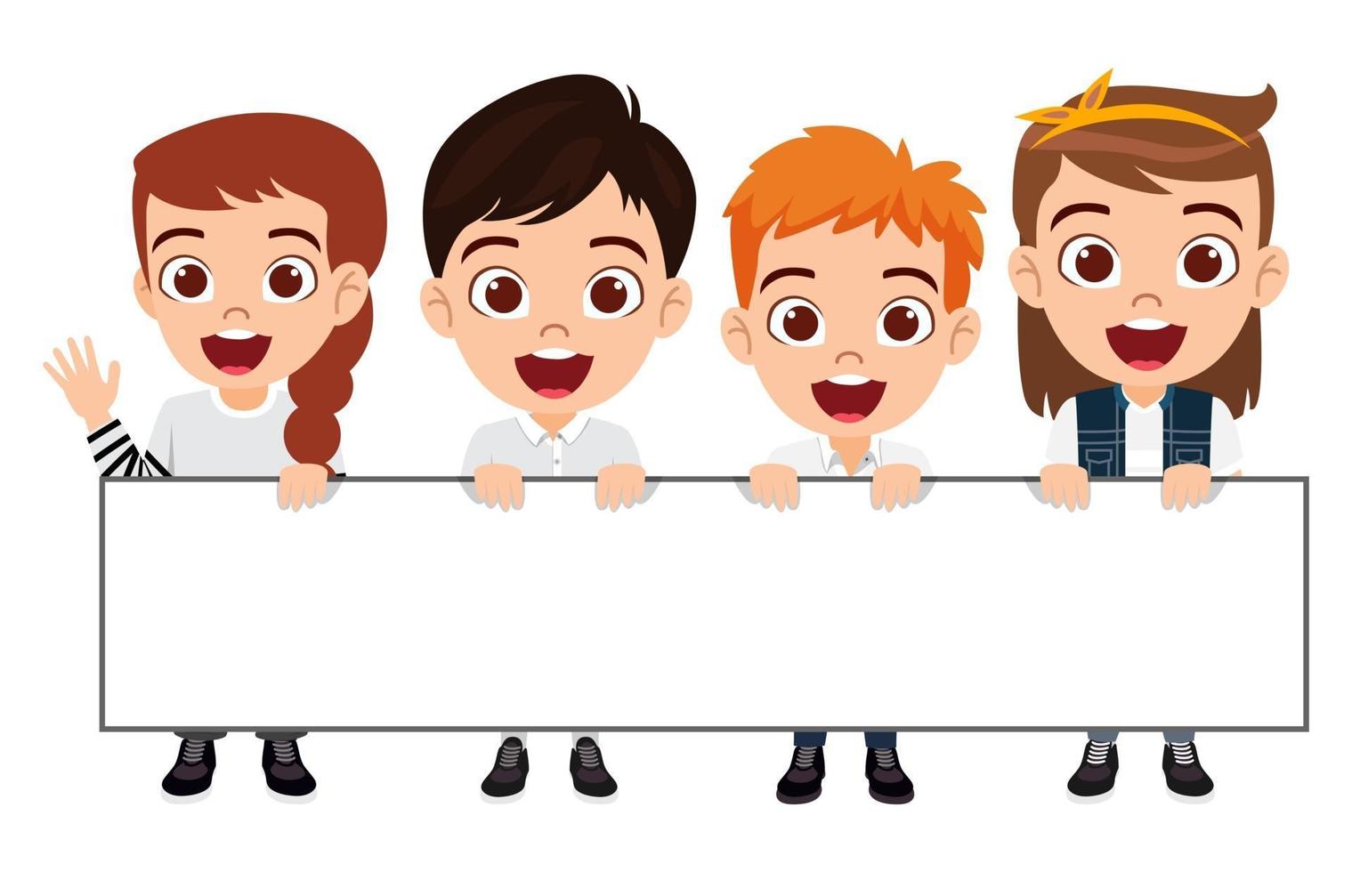 Happy cute kid boys and girls character standing together holding placard white blank board and waving vector