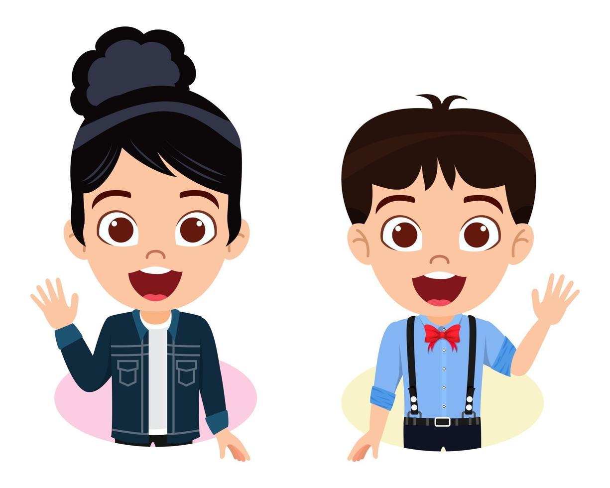 Cute kid boy and girl character wearing beautiful outfit on white background and waving vector