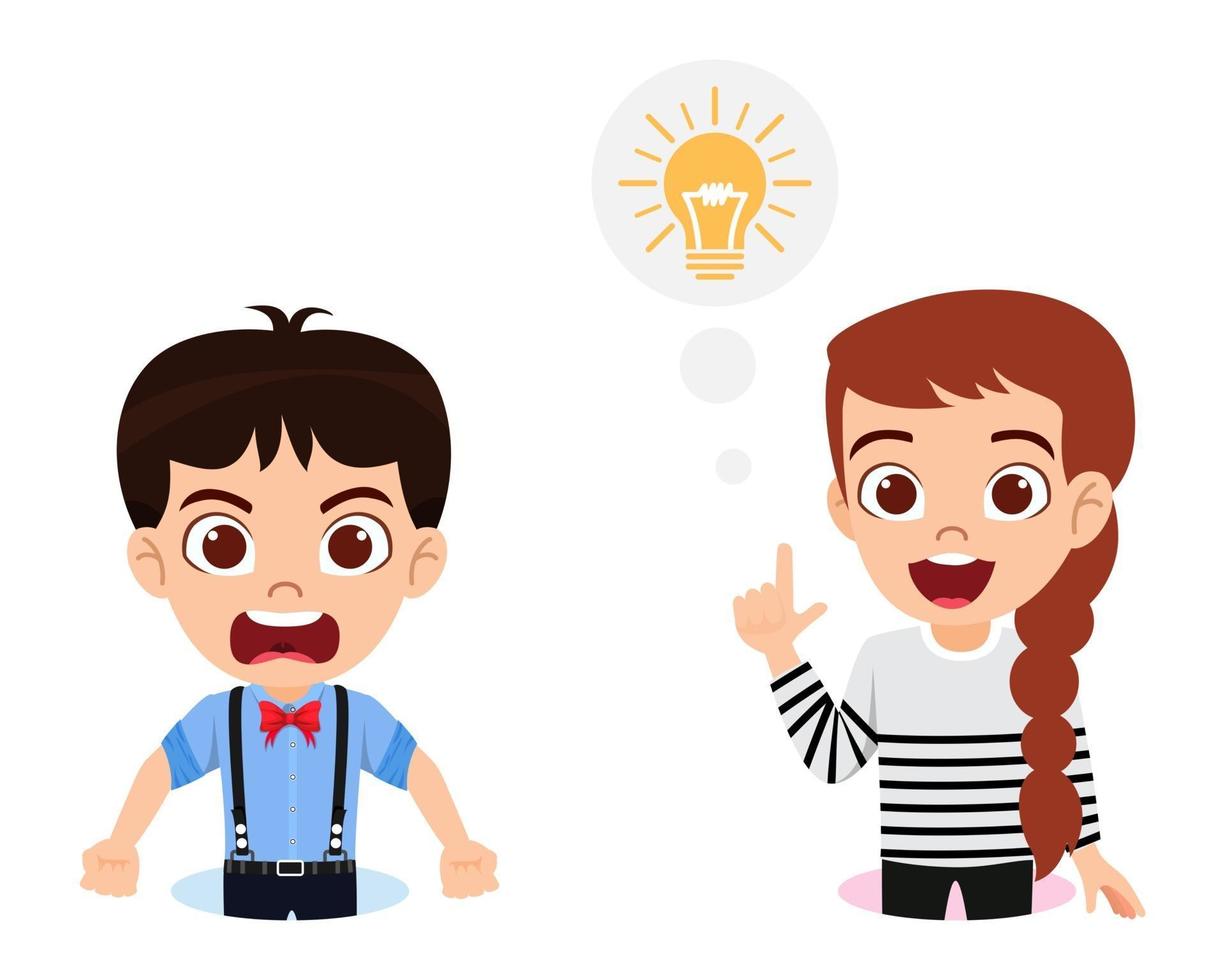 Cute kid boy and girl character wearing beautiful outfit on white background with idea symbol and angry expression vector