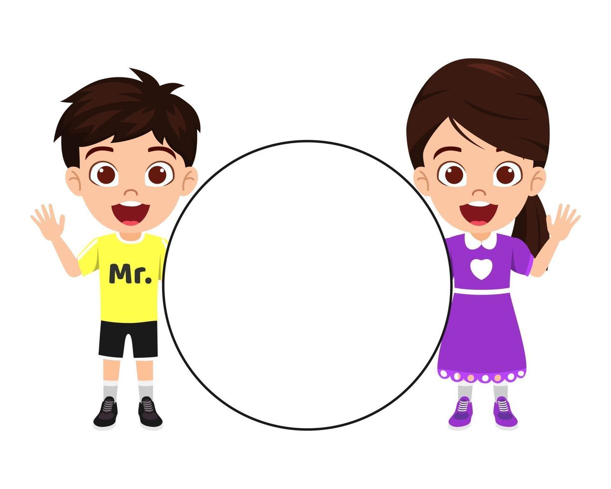 Feliz lindo niño niño y niña personaje de pie juntos sosteniendo un cartel de tamaño de círculo tablero en blanco blanco y sonriendo aislado con expresión alegre y saludando vector