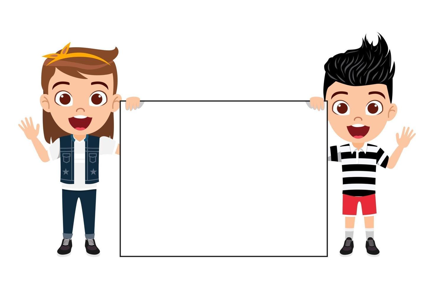 Happy cute kid boy and girl character standing together holding rectangle size placard white blank board and smiling isolated with cheerful expression vector