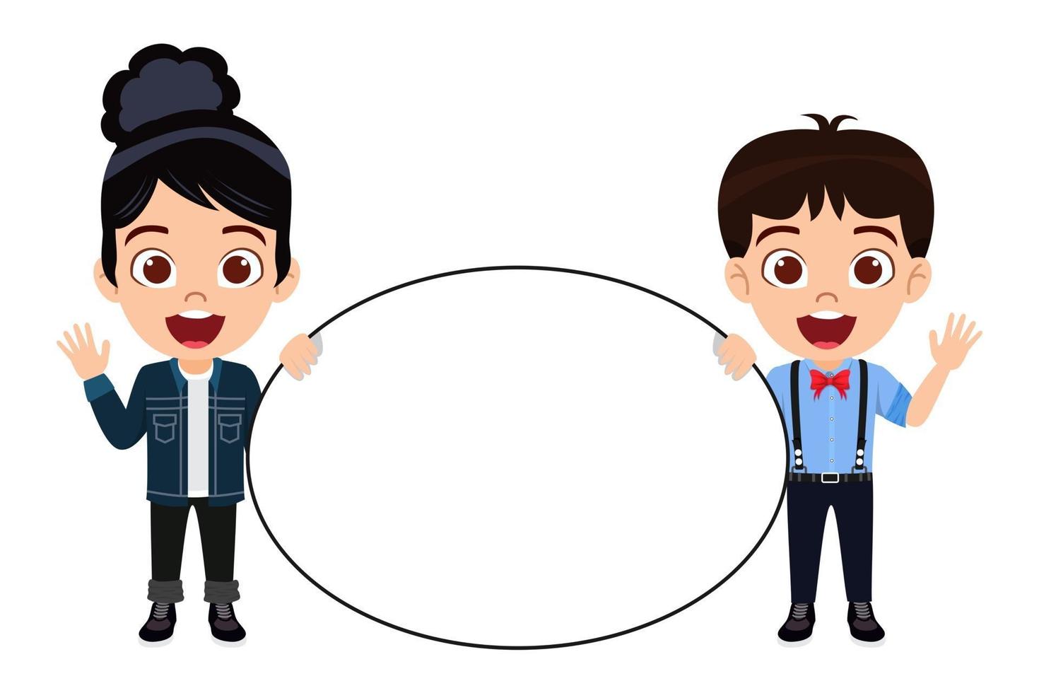 Happy cute kid boy and girl character standing together holding circle size placard white blank board and smiling isolated with cheerful expression vector