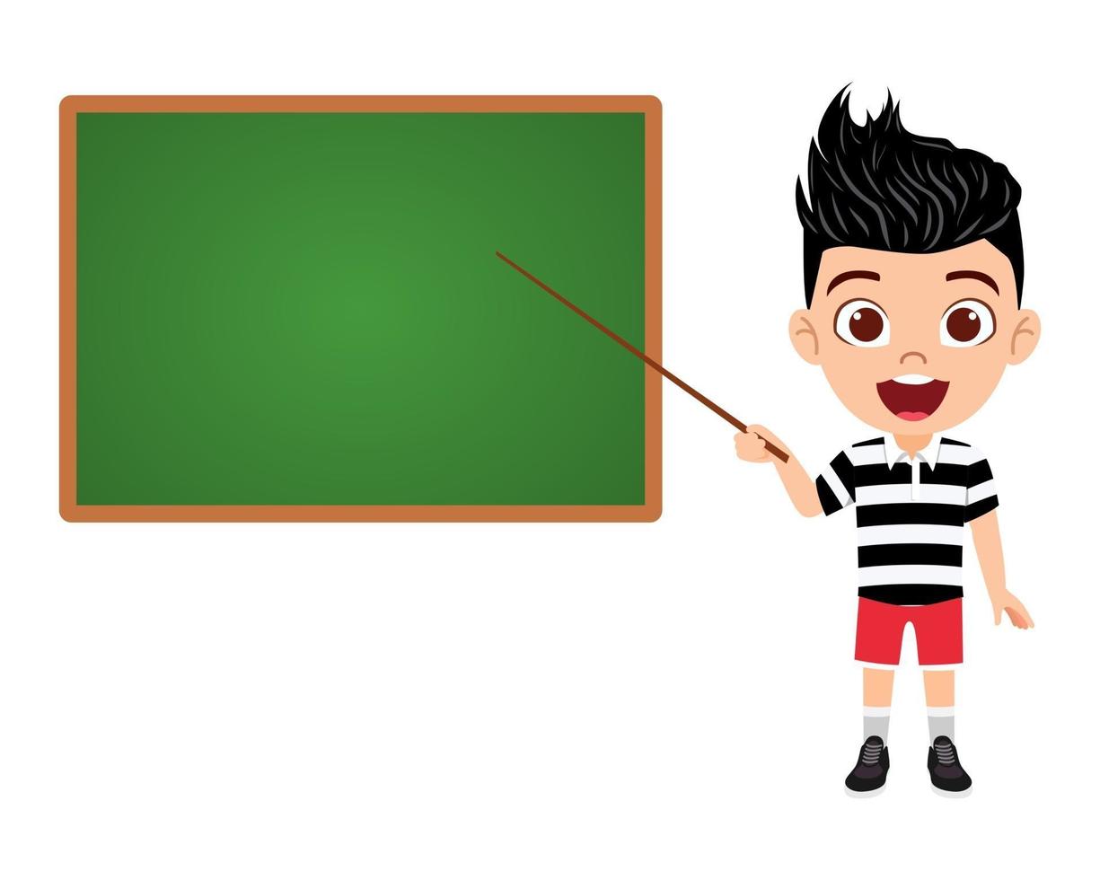 Happy cute kid boy character standing with presentation stick and pointing to board vector