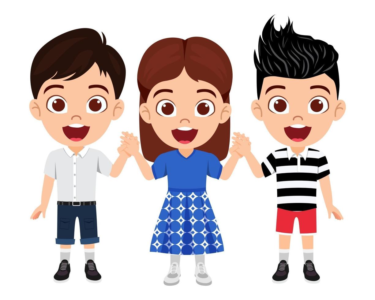 Happy cute kid boys and girls character wearing beautiful outfit standing holding hands together and posing vector
