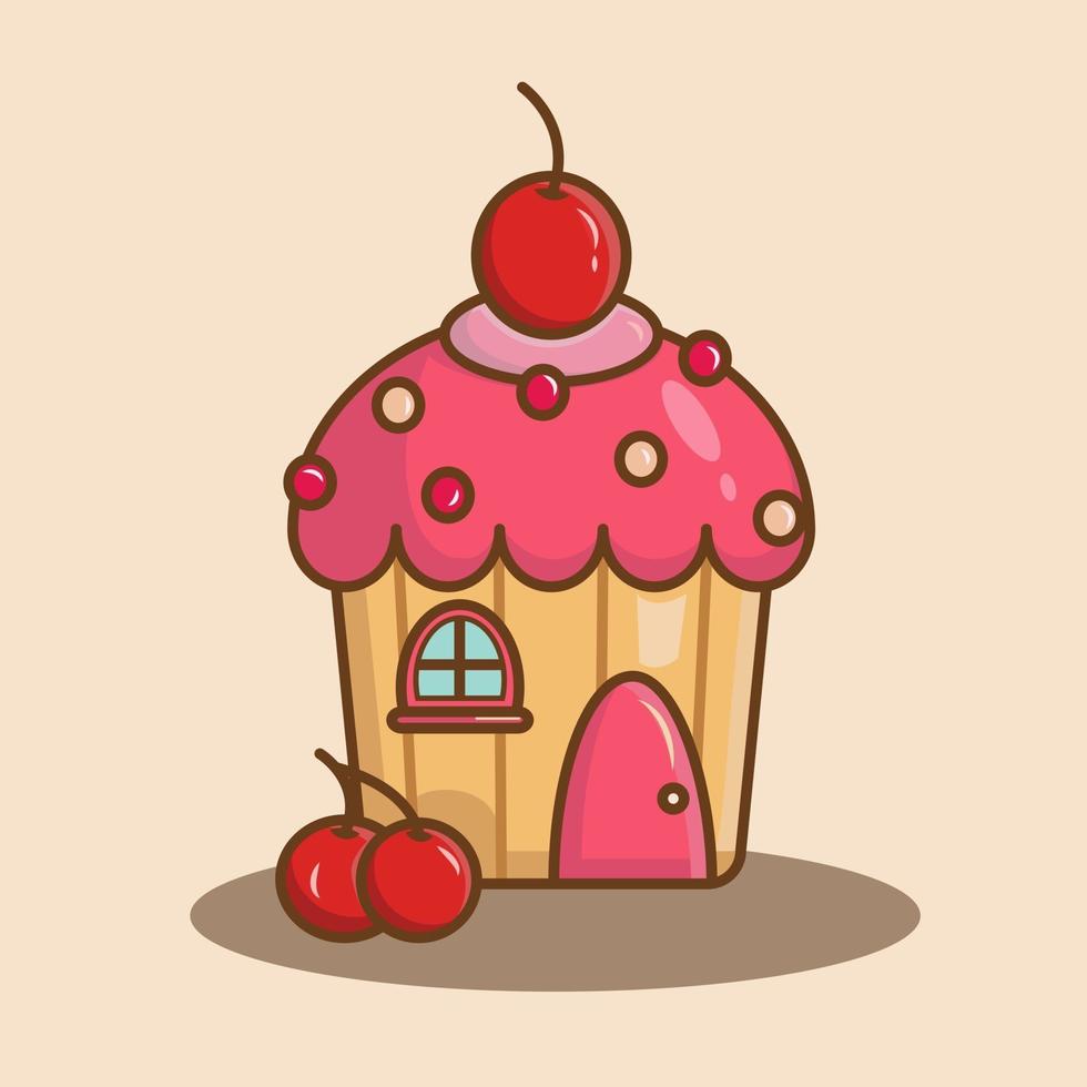 house cherry cake in red and pink illustration vector