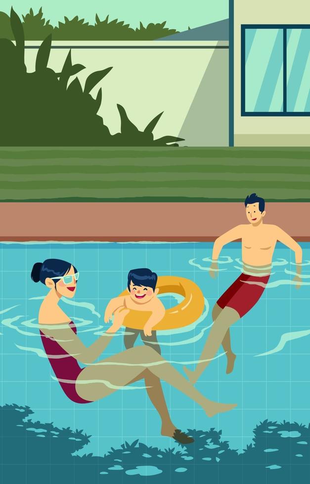 familia feliz divirtiéndose en la piscina vector