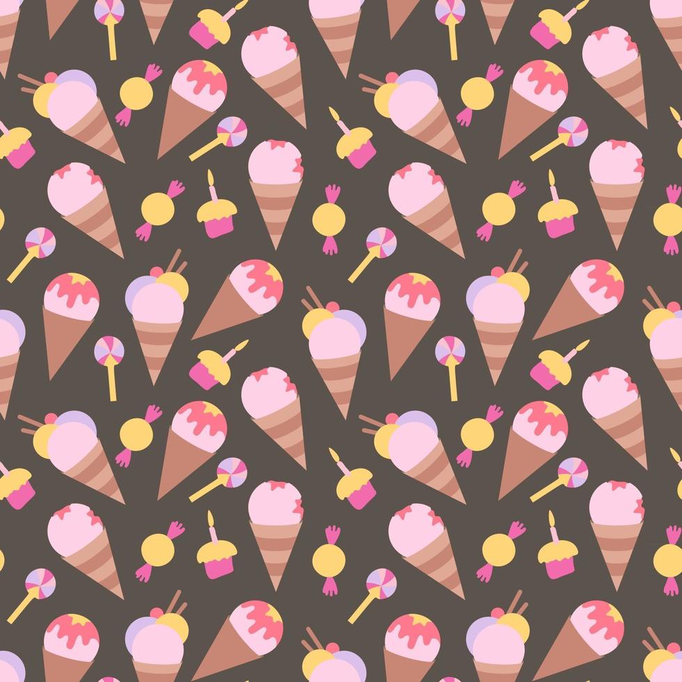 Patrón de fondo transparente con muchas piruletas de dulces de diferentes colores y aislados e ilustración de vector de helado