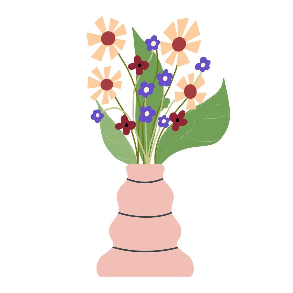 Precioso ramo de flores con ramas decorativas en florero ilustración vectorial plana vector