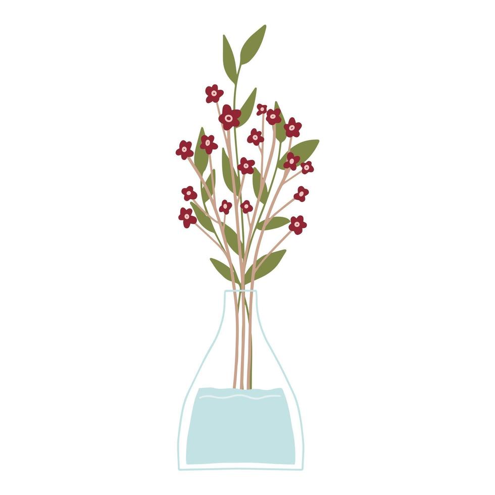 Gorgeous bouquet of flowers with decorative branches in vase flat vector illustration