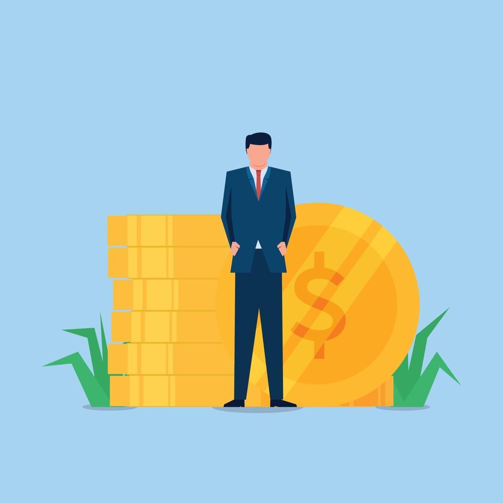 Businessman stand in front of coins stack vector