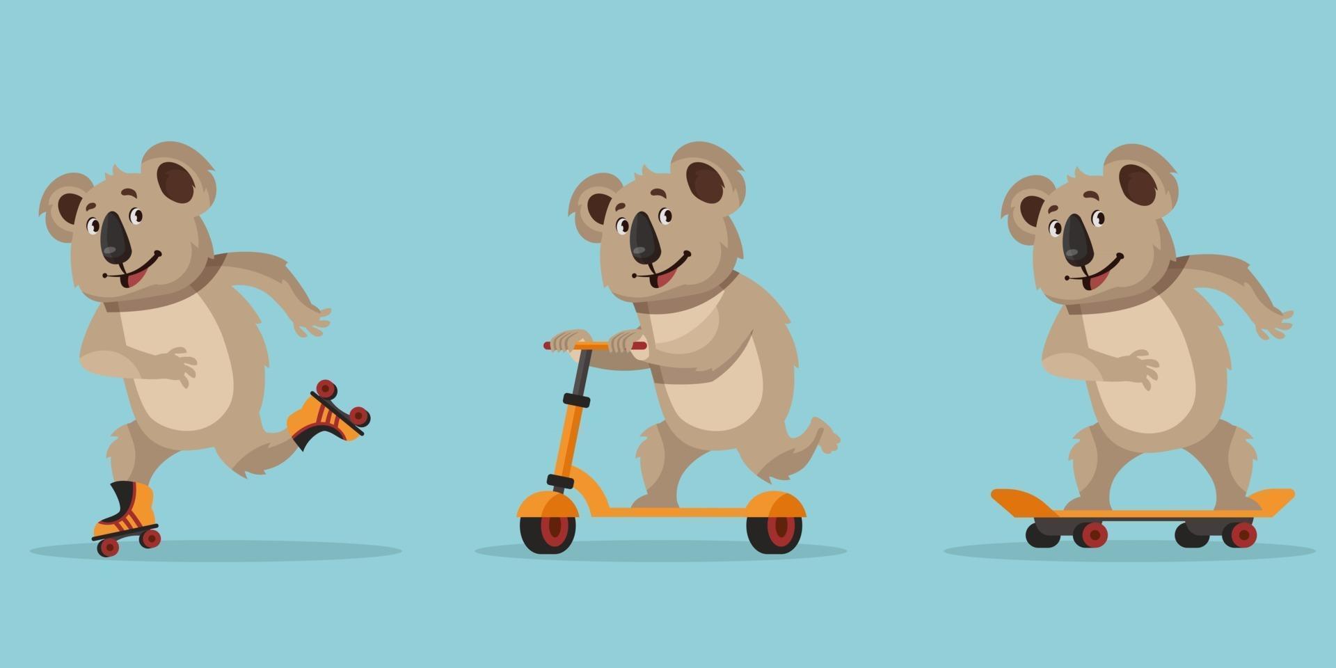 Funny cartoon koala riding on skateboard roller skates and scooter vector