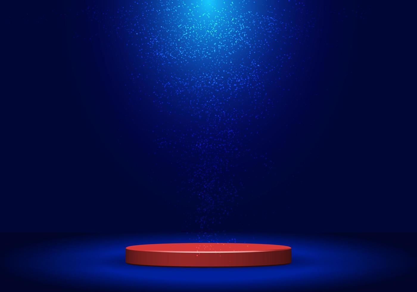 Pedestal rojo realista 3d con iluminación y polvo sobre fondo azul oscuro vector