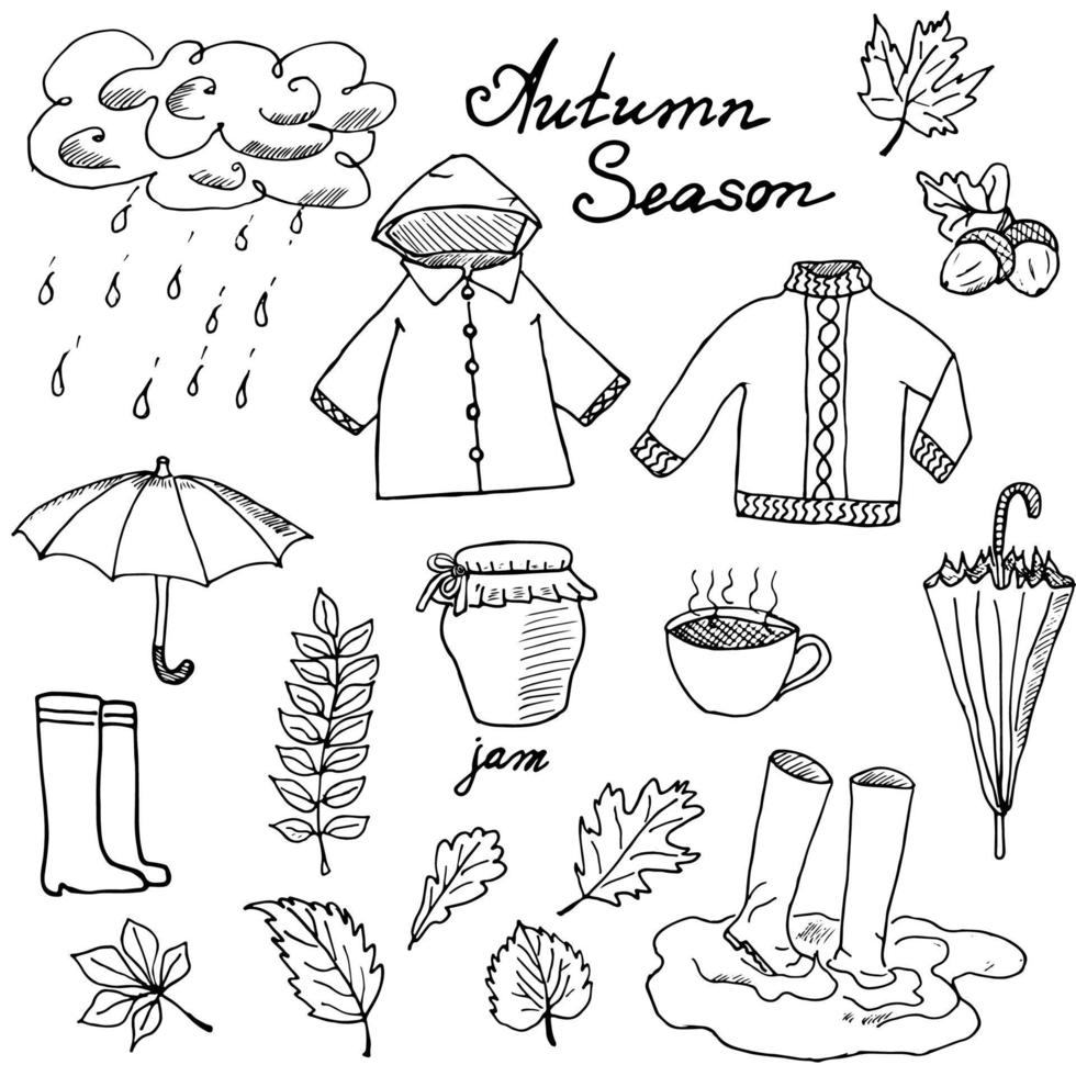 Autumn season set doodles elements Hand drawn set with umbrellas cup of hot tea rain rubber boots clothes and leaves collection Drawing doodle collection isolated on white background vector