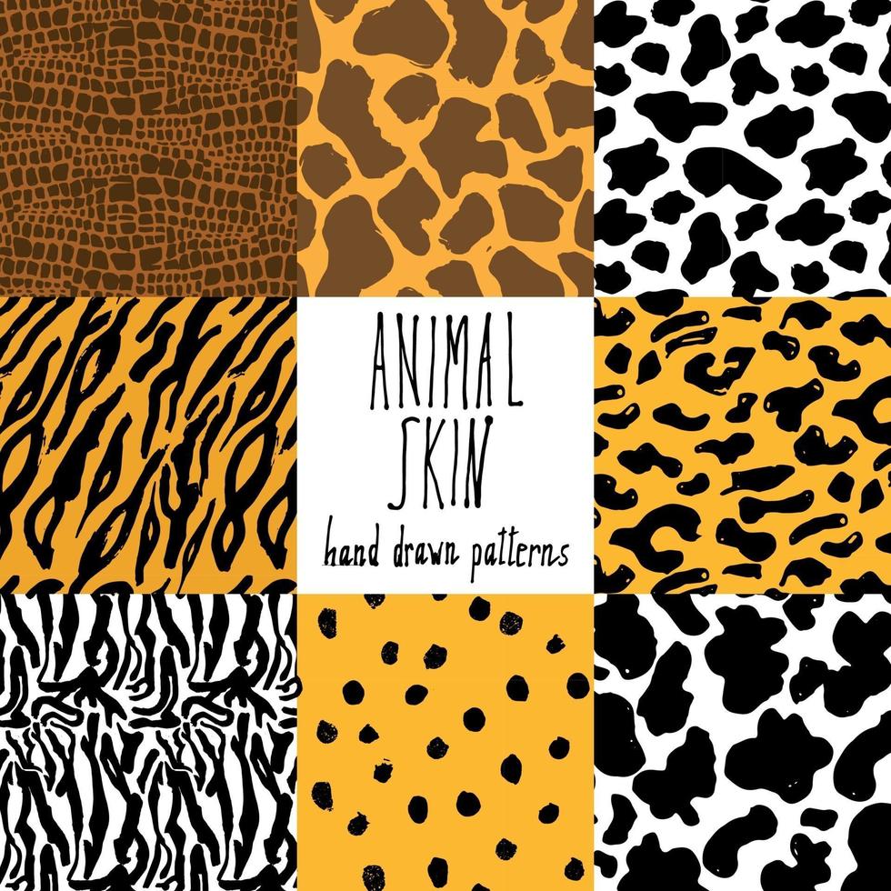 Animal skin hand drawn texture Vector seamless pattern set sketch drawing cheetah cow crocodile tiger zebra and giraffe skin textures