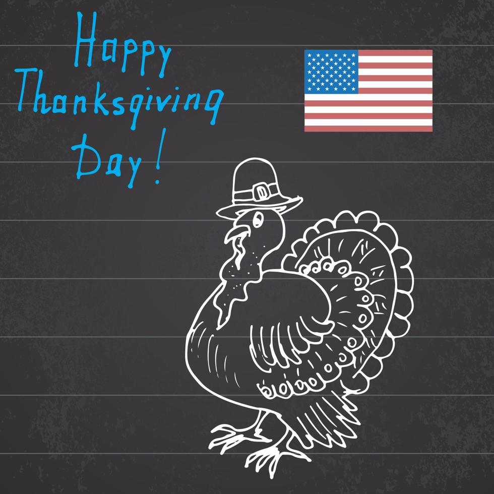 Thanksgiving day sketch doodle turkey in pilgrims hat Freehand vector drawing and lettering on chalkboard