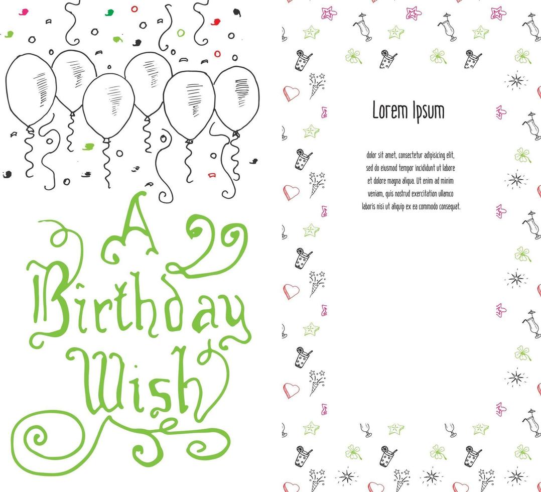 Hand drawn Birthday greeting card party background with balloons confetti hand written lettering text birthday wish vector